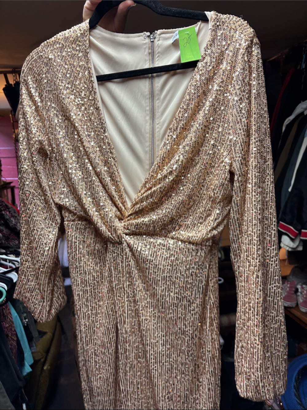 Fashion Nova Gold Sequin Long Sleeve Twist-Front Dress